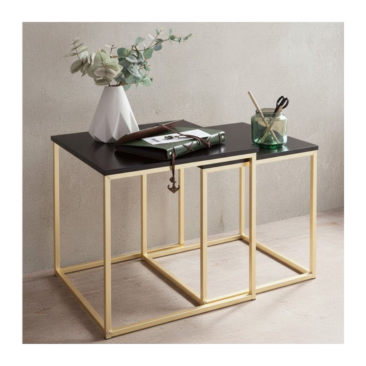 KADIMA DESIGN Couchtisch Set TRONTO in Gold und Schwarz, 2 quadratische Tische mit Metallgestell und Holzwerkstoff, Modern Design - Bild 1