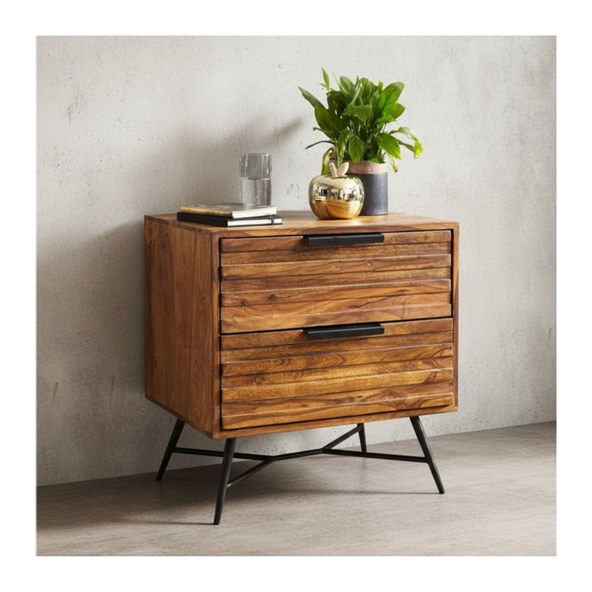 KADIMA DESIGN FORMIO Nachttisch aus Sheesham Massivholz in Braun im Industrial Look mit Metallbeinen B/T/H: 60 x 40 x 60 cm - Bild 1