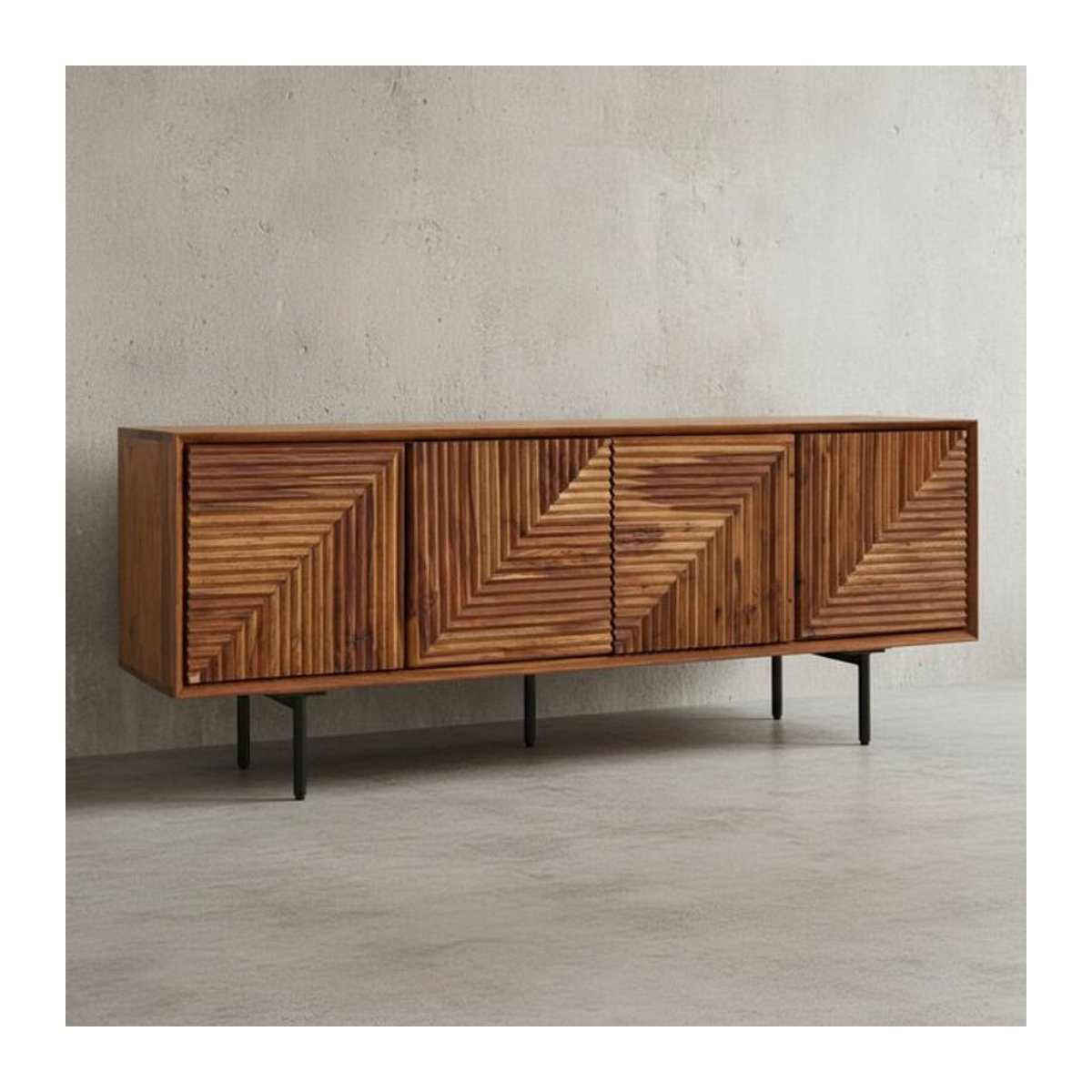 KADIMA DESIGN Lowboard Spectrum aus Sheesham Massivholz in Braun mit 3D-Oberfläche und Edelstahl-Gestell, B/H/T: 140 x 33 x 54 cm - Bild 1