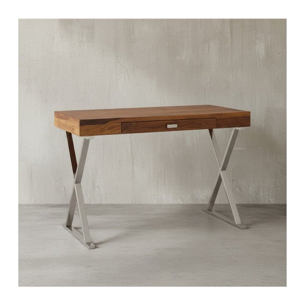 KADIMA DESIGN Massiver Sheesham-Schreibtisch im Industrial Design, Braun/Edelstahl, B/T/H: 120 x 55 x 78 cm - Bild 1