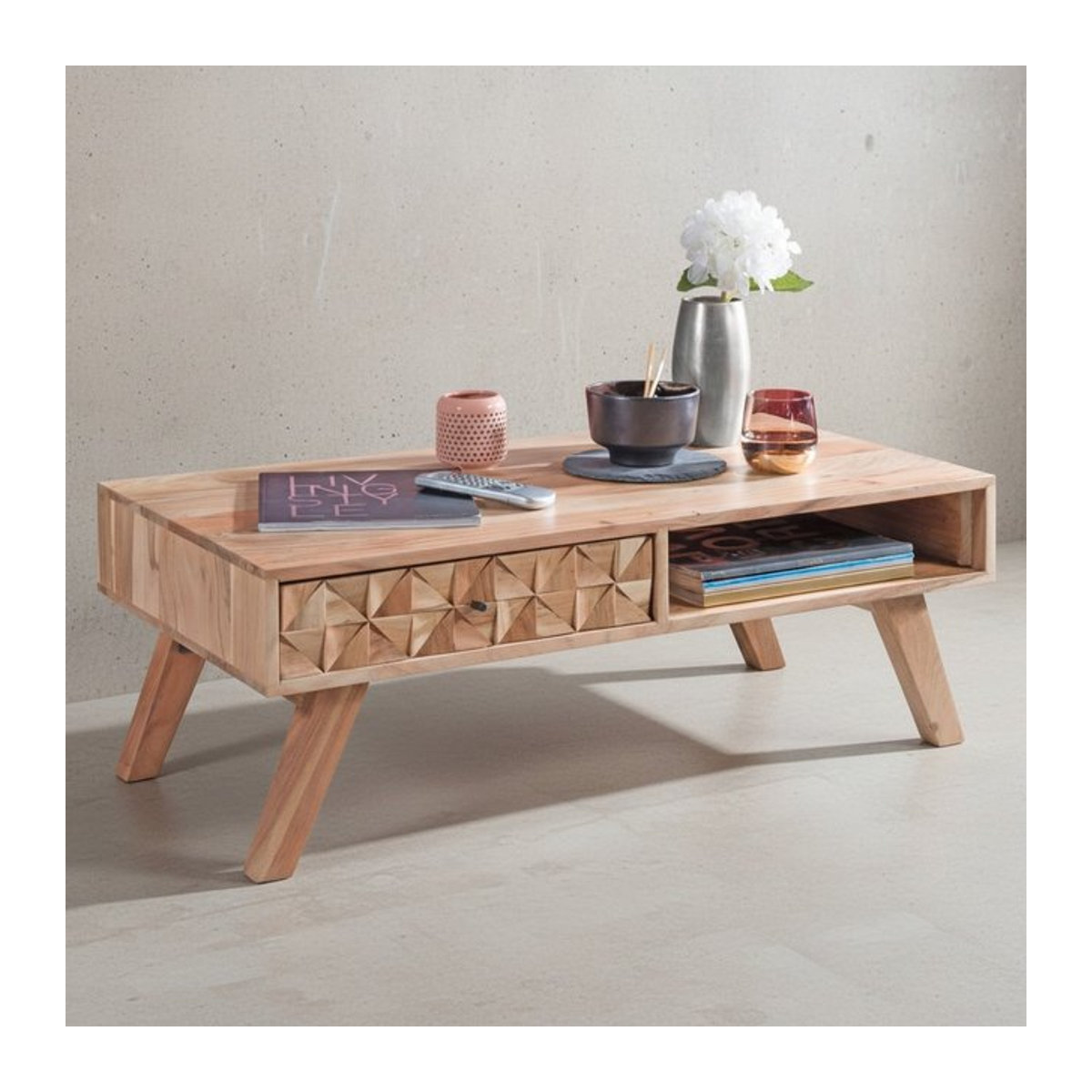KADIMA DESIGN Moderner Landhaus-Stil Couchtisch aus massivem Holz mit Schublade und Ablagefach in Braun, B/T/H: 95 x 35 x 50 cm - Bild 1