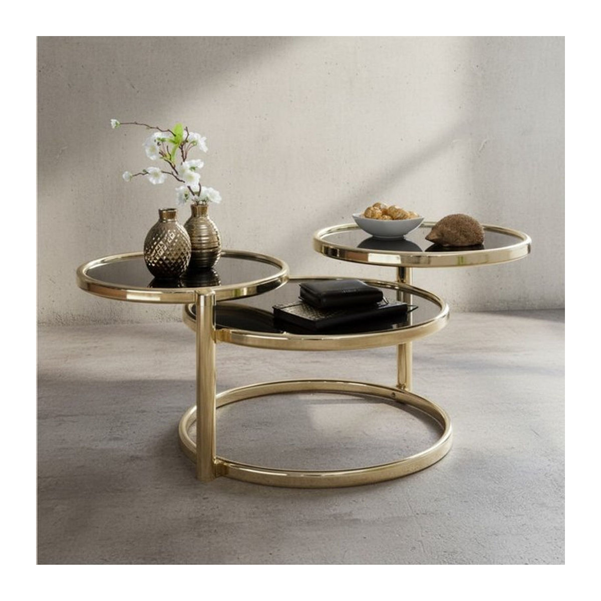 KADIMA DESIGN Moderner runder Glastisch mit schwenkbaren Glasplatten und Stahlgestell in Schwarz und Gold - Bild 1