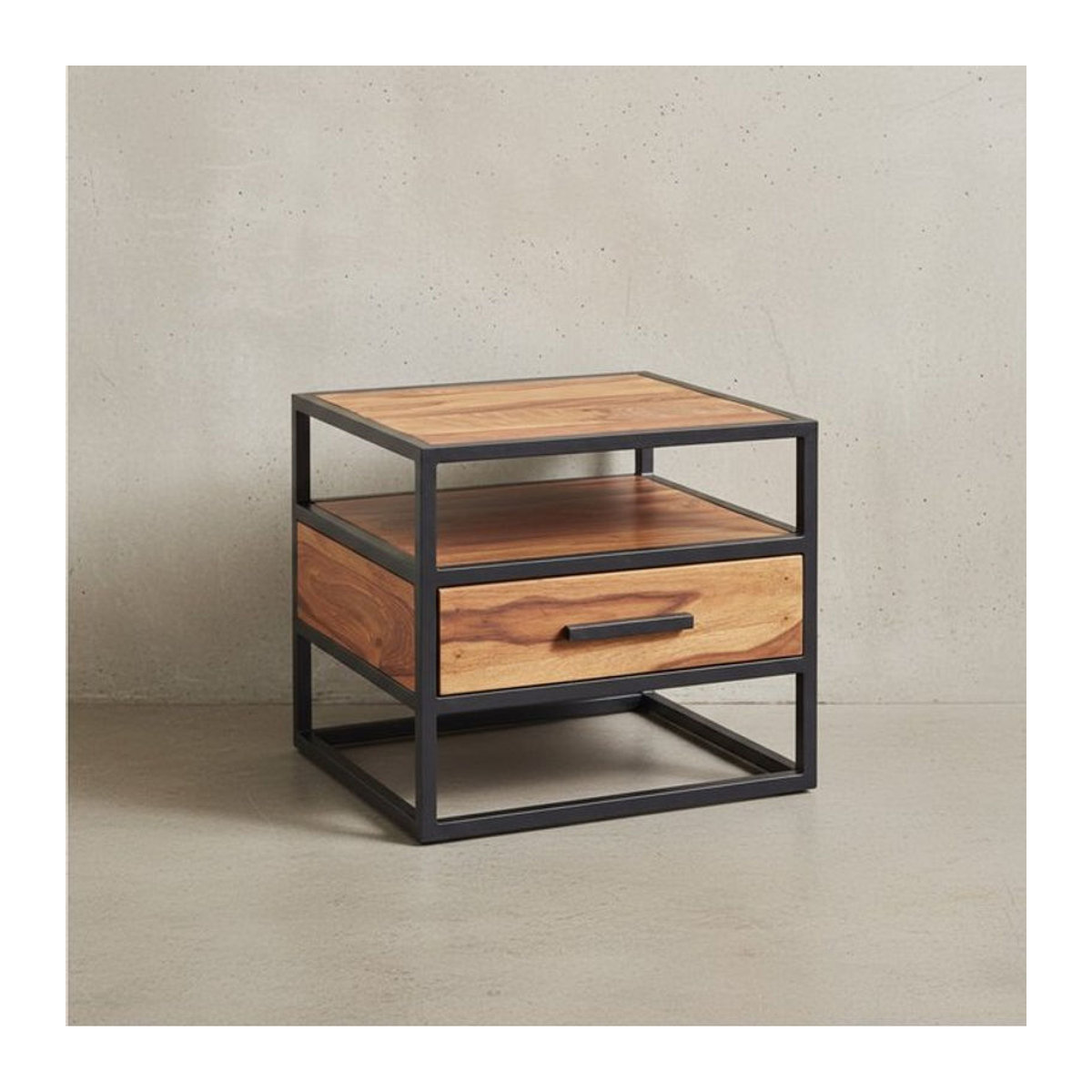 KADIMA DESIGN Nachttisch aus massivem Sheesham-Holz in Braun mit Edelstahlgestell im Industrial-Design, B/T/H: 50 x 45 x 45 cm - Bild 1