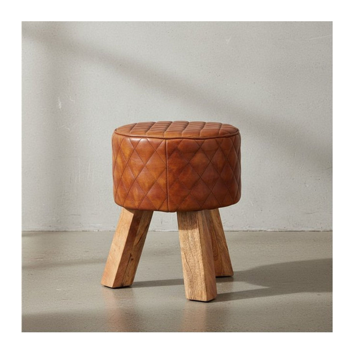 KADIMA DESIGN Polsterhocker aus Echtleder und Holz mit Rautenmuster in Braun, Höhe: 46 cm - Bild 1