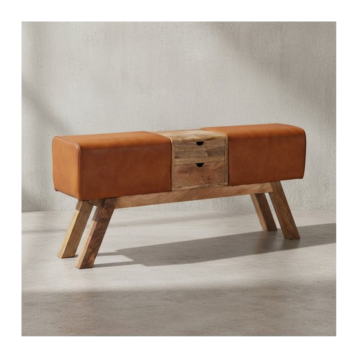 KADIMA DESIGN Retro-Sitzbank aus Massivholz mit Stoffbezug, 2 Schubladen und Seitentasche, B/T/H: 120 x 56 x 30 cm - Bild 1