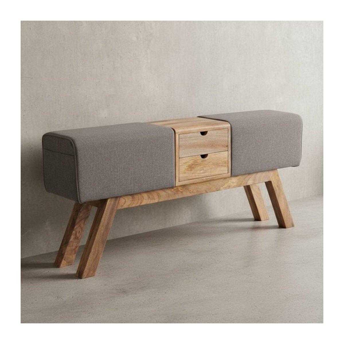 KADIMA DESIGN Retro-Sitzbank aus Massivholz mit Stoffbezug und 2 Schubladen in Grau, B/T/H: 120 x 56 x 30 cm - Bild 1