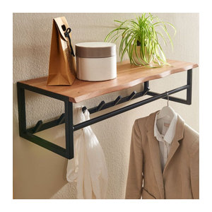 KADIMA DESIGN Rustikale Wandgarderobe aus Akazien-Massivholz und Metall in Braun im Landhaus- und Industrial-Stil mit natürlicher Baumkante