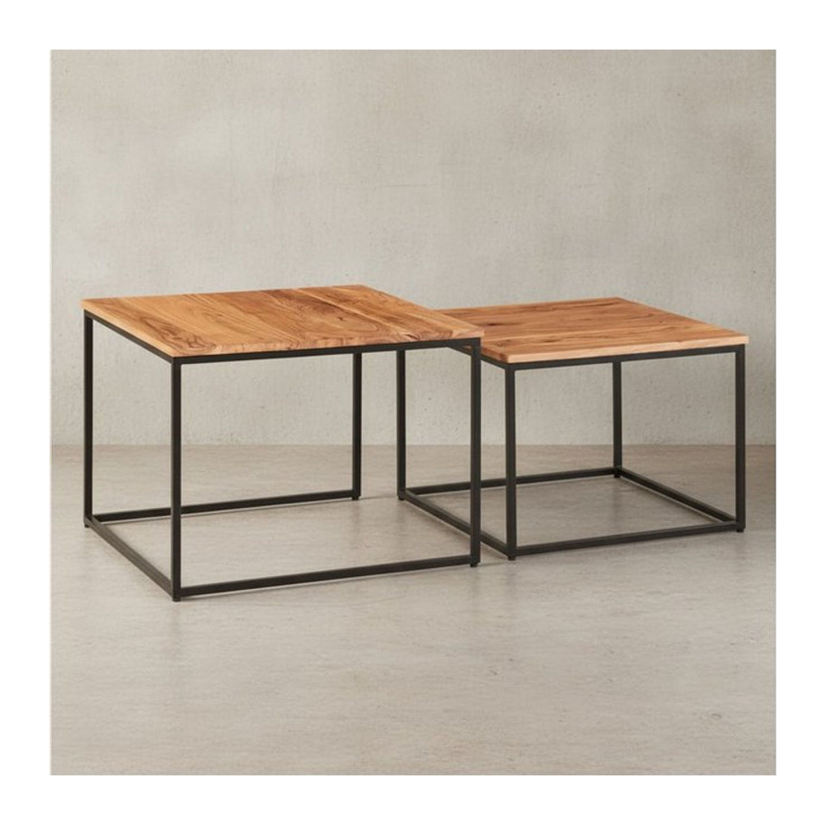 KADIMA DESIGN Satztisch 2er Set im Industrial-Stil aus Akazien-Massivholz und Metall, Braun, Quadratisch, B/T/H: 60 x 60 x 46 cm und 60 x 60 x 60 cm - Bild 1