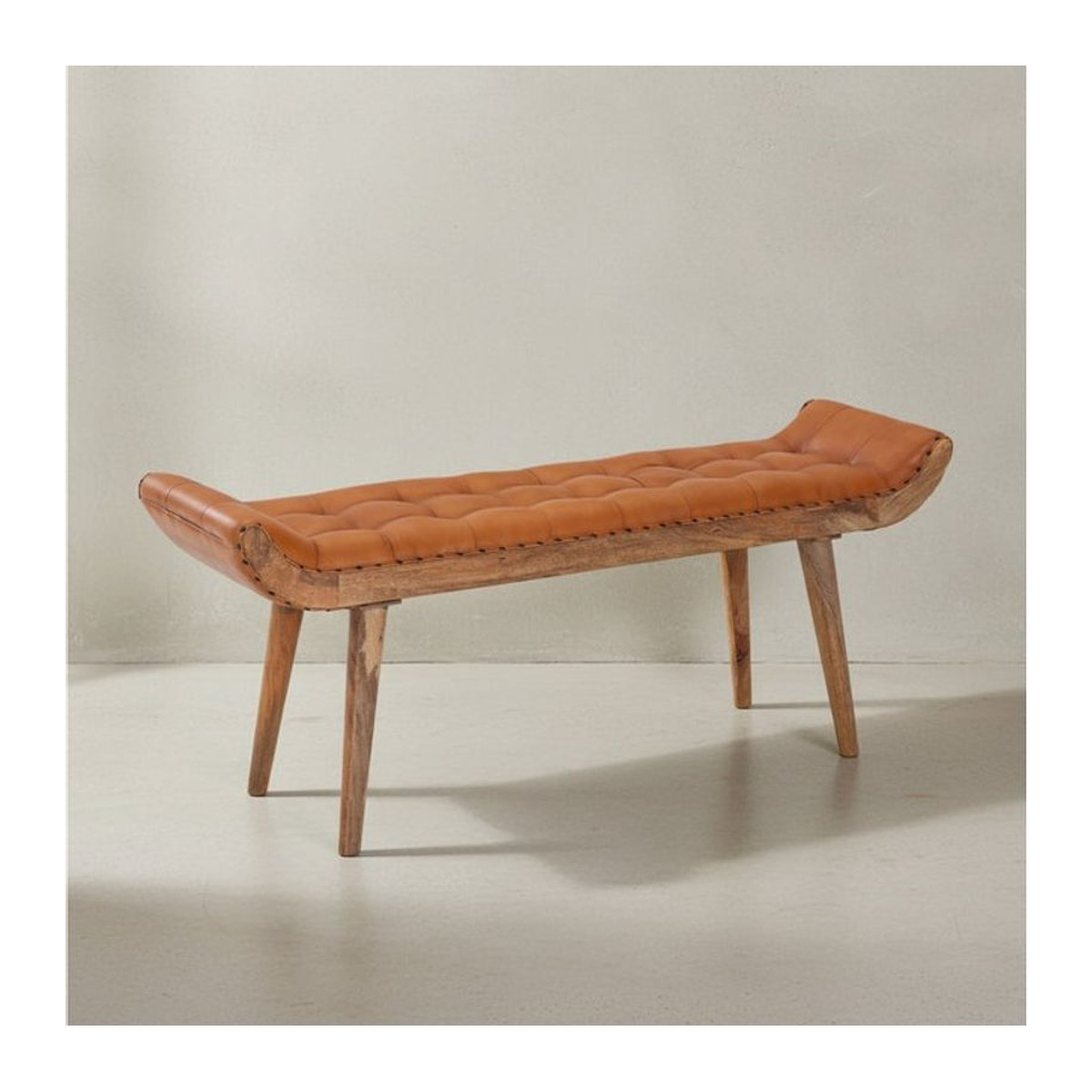 KADIMA DESIGN Sitzbank im klassischen Chesterfield-Stil aus Massivholz und Leder in Braun, B/T/H: 125 x 50 x 38 cm - Bild 1