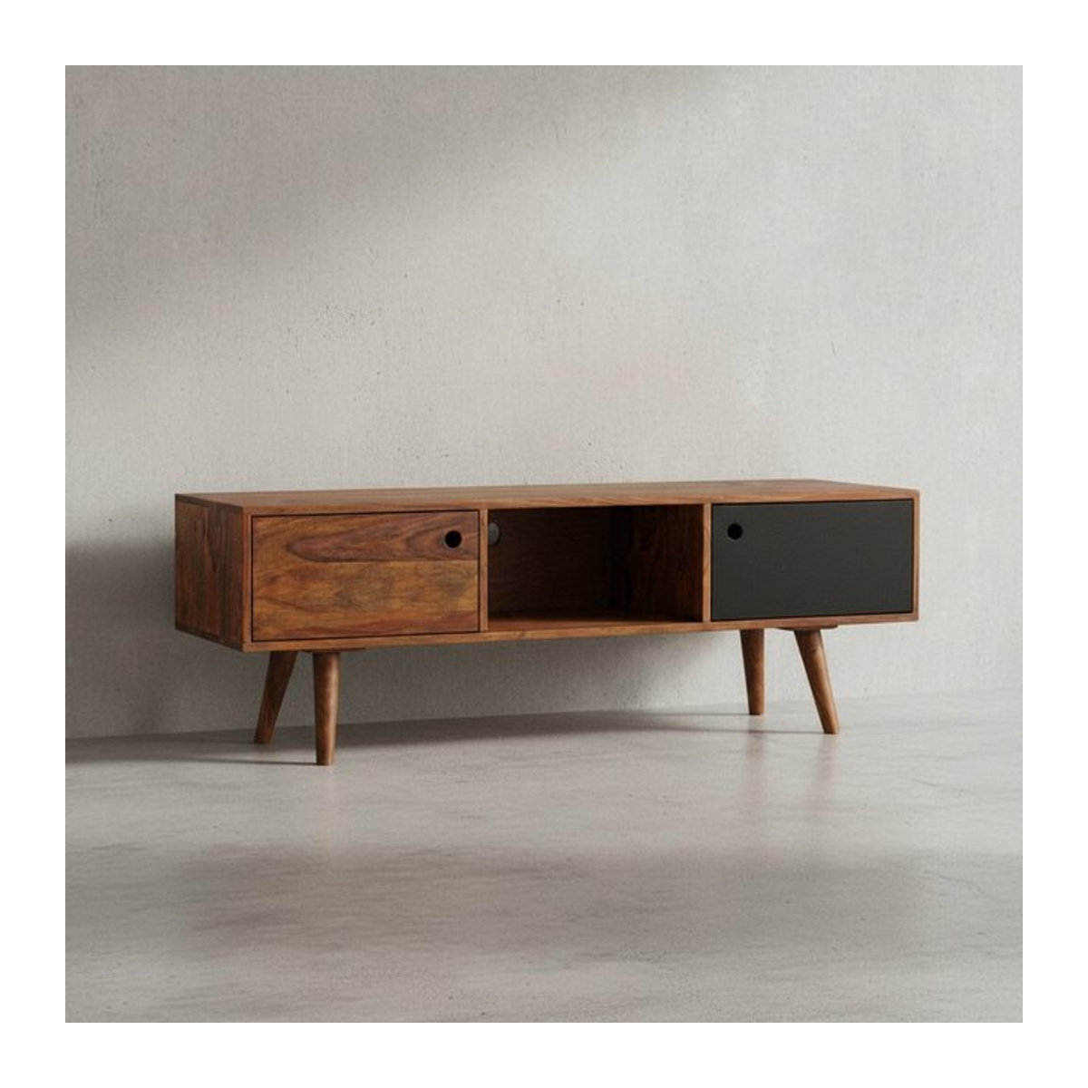 KADIMA DESIGN TV-Lowboard SAVIO aus Massivholz Sheesham in Braun mit rustikaler Landhaus-Optik, B/H/T: 140 x 45 x 35 cm - Bild 1