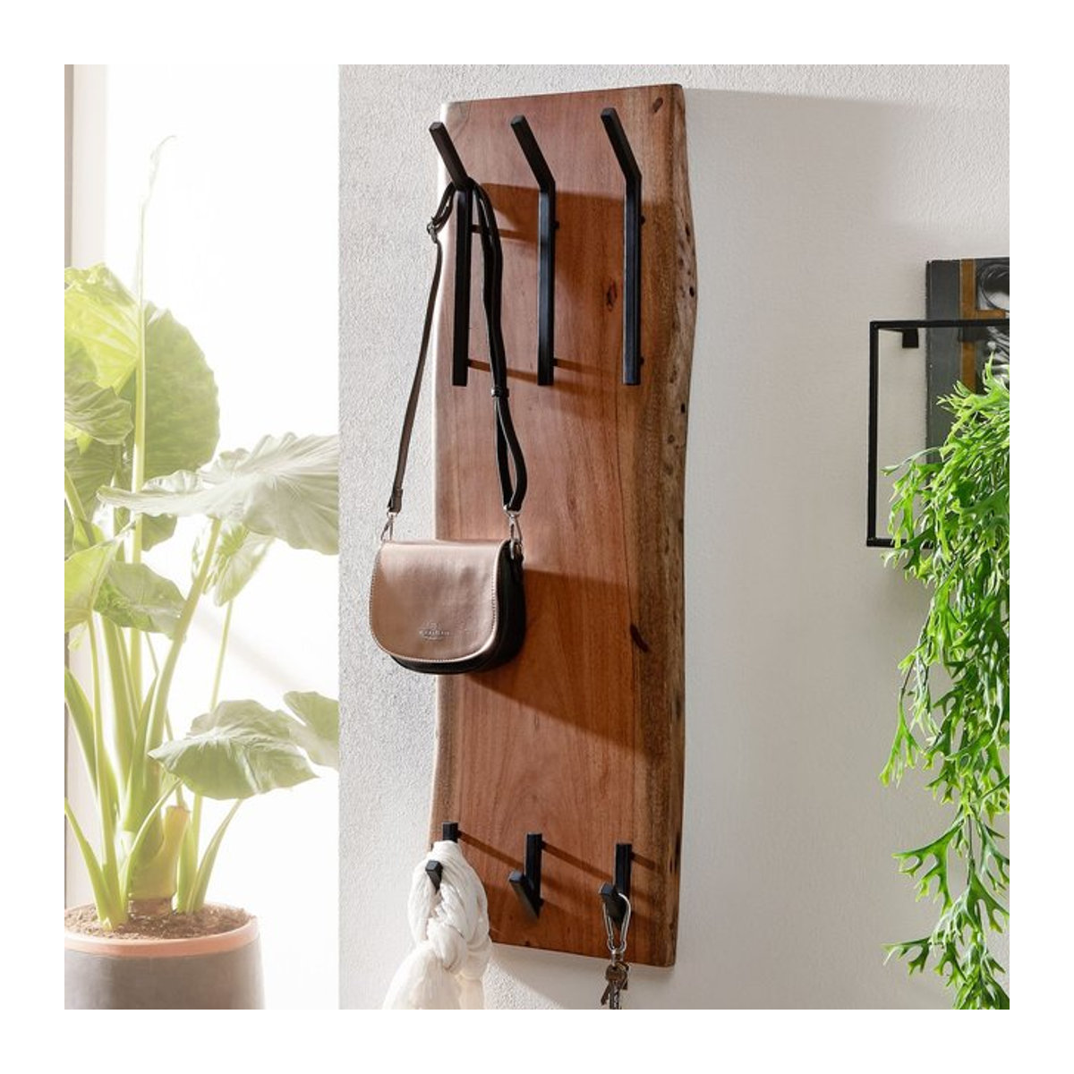 KADIMA DESIGN Wandgarderobe aus Akazie und Metall in Braun im Industrial Design, B/H/T: 100 x 35,5 x 10 cm - Bild 1