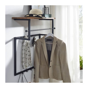 KADIMA DESIGN Wandgarderobe im Industrial Design aus Massivholz und Metall mit 10 Haken, Kleiderstange und Ablage, Schwarz/Braun, B: 76 cm, H: 60 cm, T: 26 cm