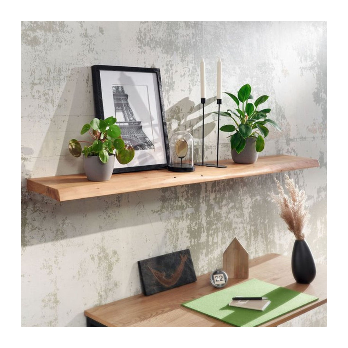 KADIMA DESIGN Wandregal aus massivem Akazienholz in Natur im Landhausstil mit Baumkante, Breite: 140 cm - Bild 1