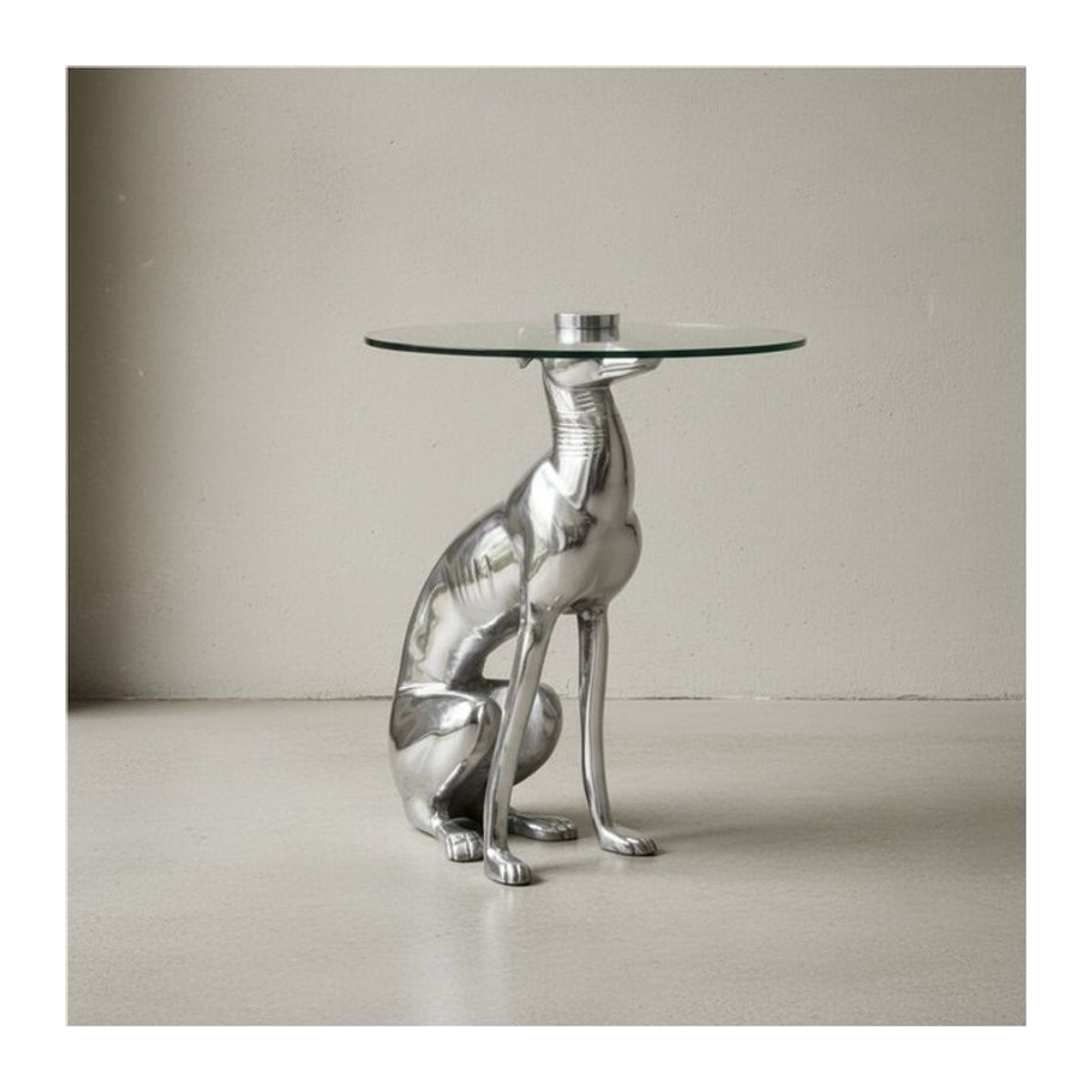 KADIMA DESIGN Windhund Skulptur Deko Beistelltisch aus Glas und Metall in Silber, modern und handgefertigt, B/T/H: 40 x 50 x 40 cm - Bild 1