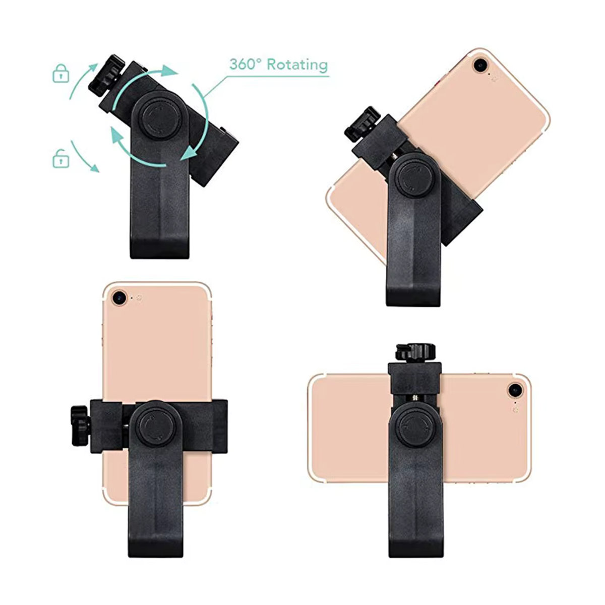KAFNHCKA 360 Grad drehbarer Handy-Clip mit 1/4 Zoll Schraube, Smartphone-Halterung für iPhone und Xiaomi, Schwarz - Bild 4