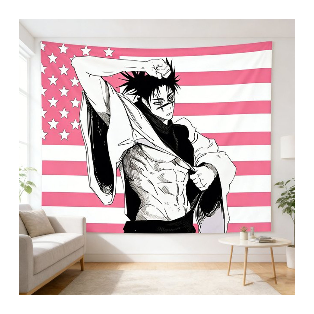 Kaisen Choso Japanischer Anime-Wandteppich in Rosa mit Bohemian-Design als ästhetische Wanddekoration, B/H: 60 x 60 cm - Bild 1