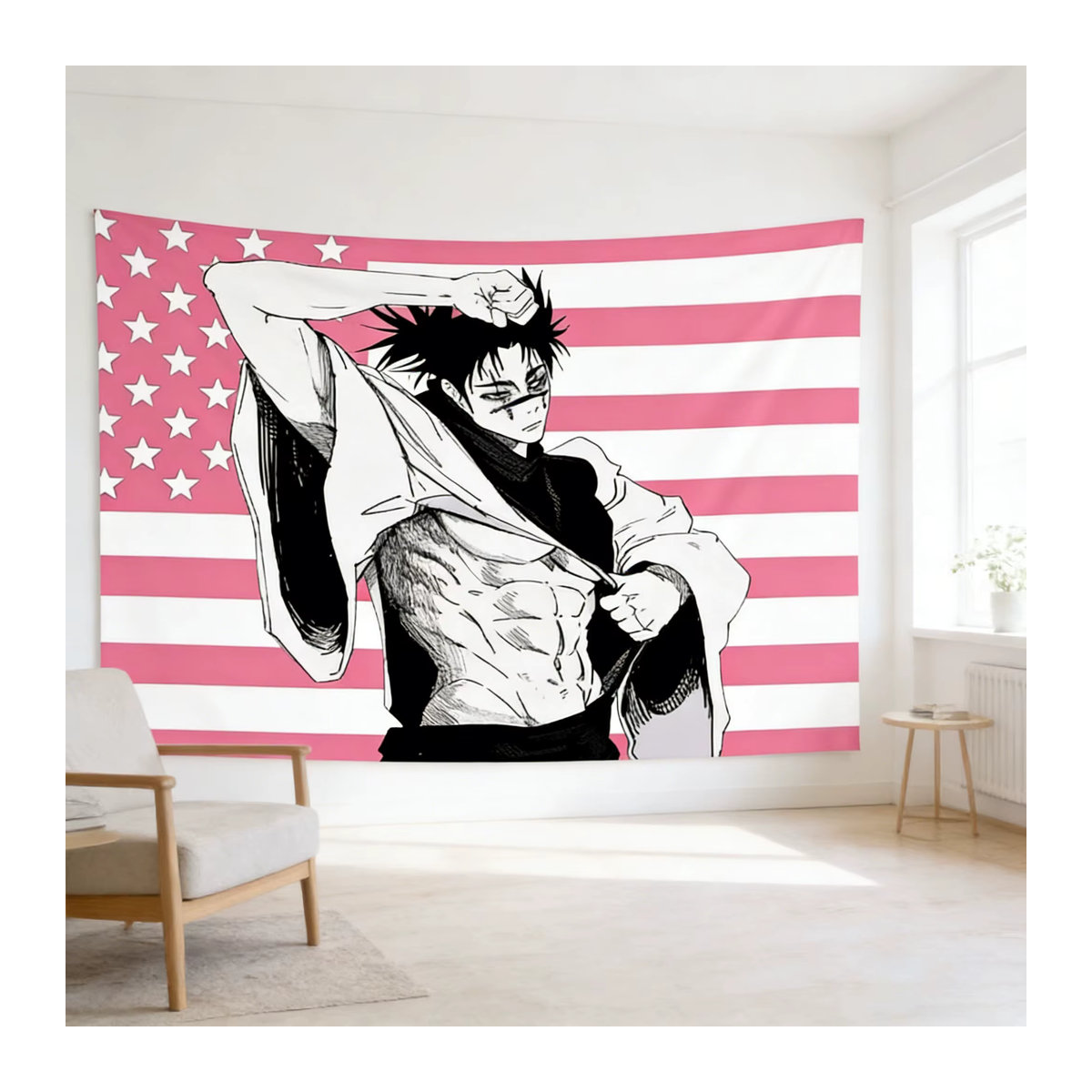 Kaisen Choso Japanischer Anime-Wandteppich in Rosa mit Bohemian-Design als ästhetische Wanddekoration, B/H: 60 x 60 cm - Bild 2