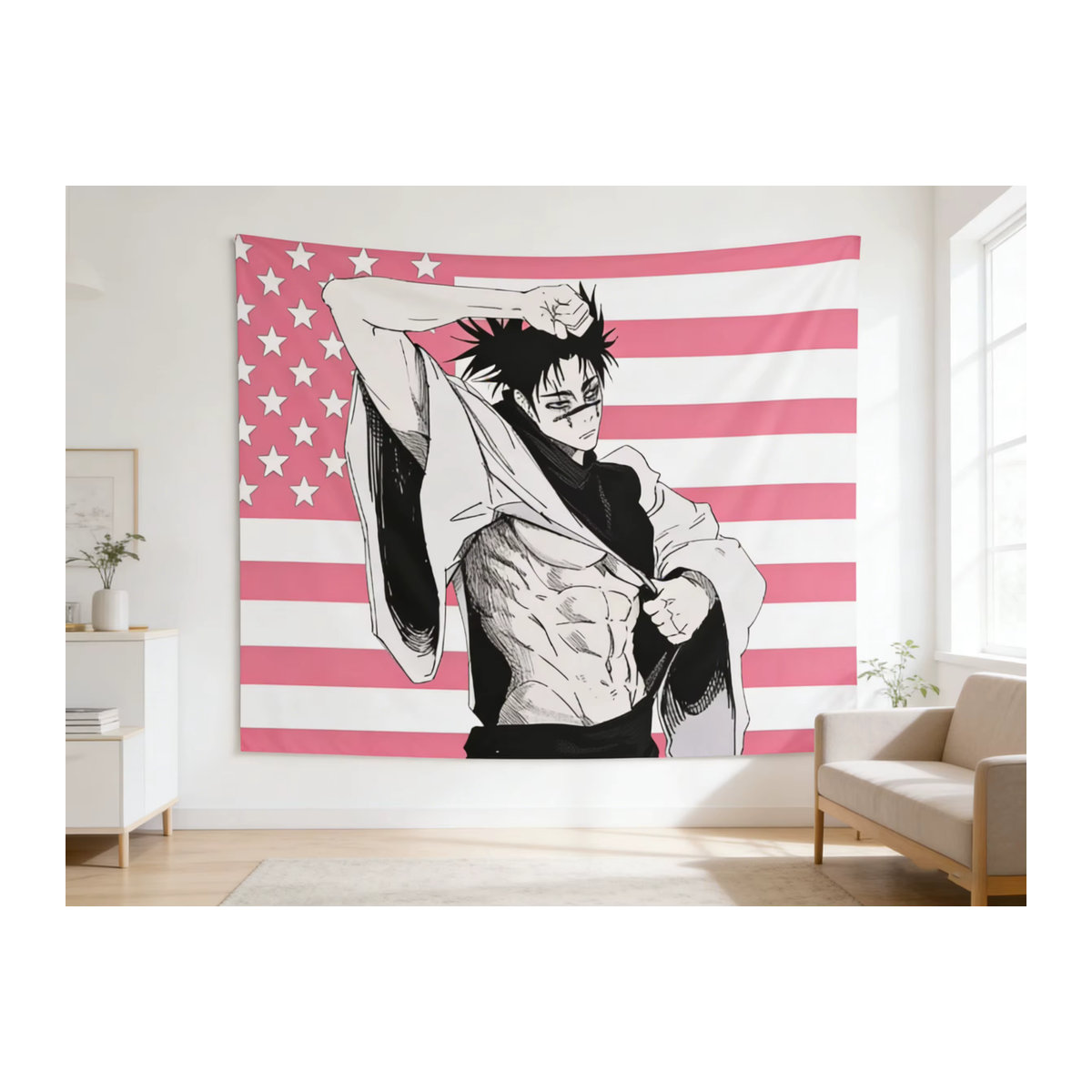 Kaisen Choso Japanischer Anime-Wandteppich in Rosa mit Bohemian-Design als ästhetische Wanddekoration, B/H: 60 x 60 cm - Bild 3