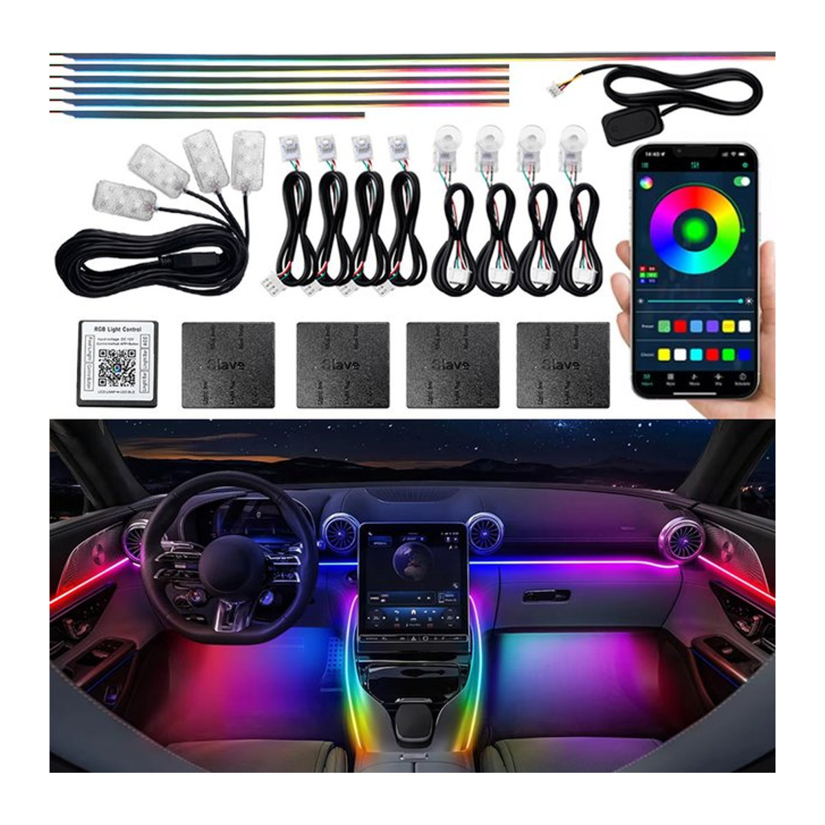 KALADA 18in1 RGB Symphony LED Streifen Auto Umgebungslicht mit App-Steuerung, Acryl Guide, 256 Farben, Bunt - Bild 1
