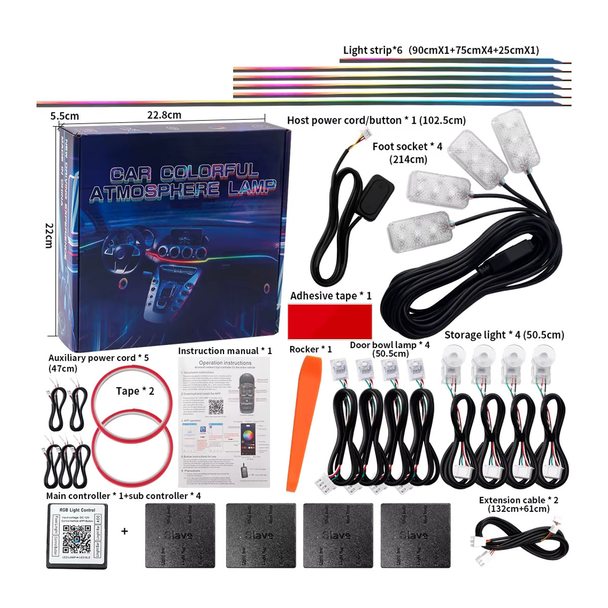 KALADA 18in1 RGB Symphony LED Streifen Auto Umgebungslicht mit App-Steuerung, Acryl Guide, 256 Farben, Bunt - Bild 3