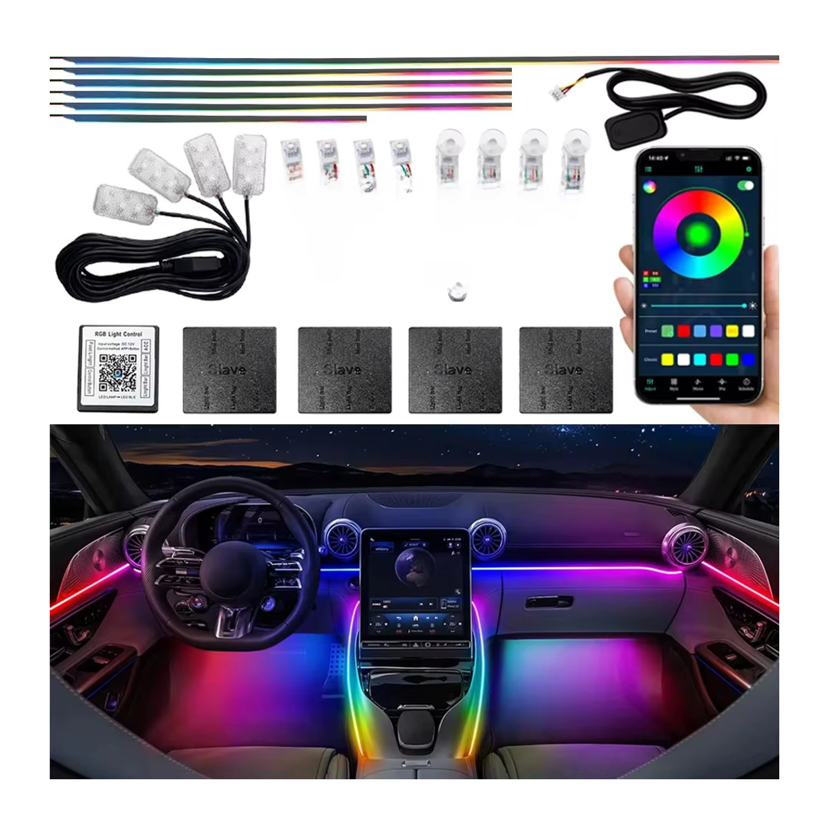 KALADA 18in1 RGB Symphony LED Streifen Auto Umgebungslicht mit App-Steuerung, Acryl Guide, 256 Farben, Bunt - Bild 7