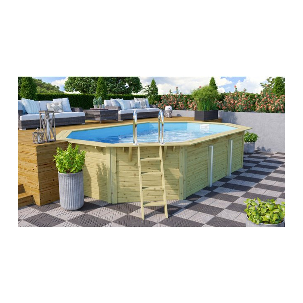 Karibu Achtformpool aus Massivholz in Braun mit 19000 l Volumen, B/H: 358 x 124 cm - Bild 1