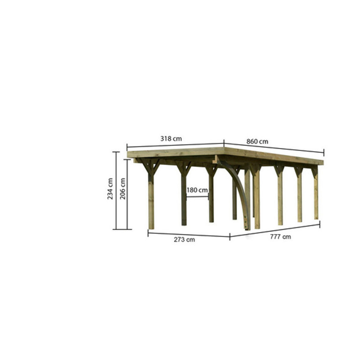 Karibu Einzelcarport Classic 3 Variante B aus Massivholz mit PVCDach und Einfahrtsbogen, Farbe: Natur/Grün, B/T: 273 x 777,5 cm - Bild 1