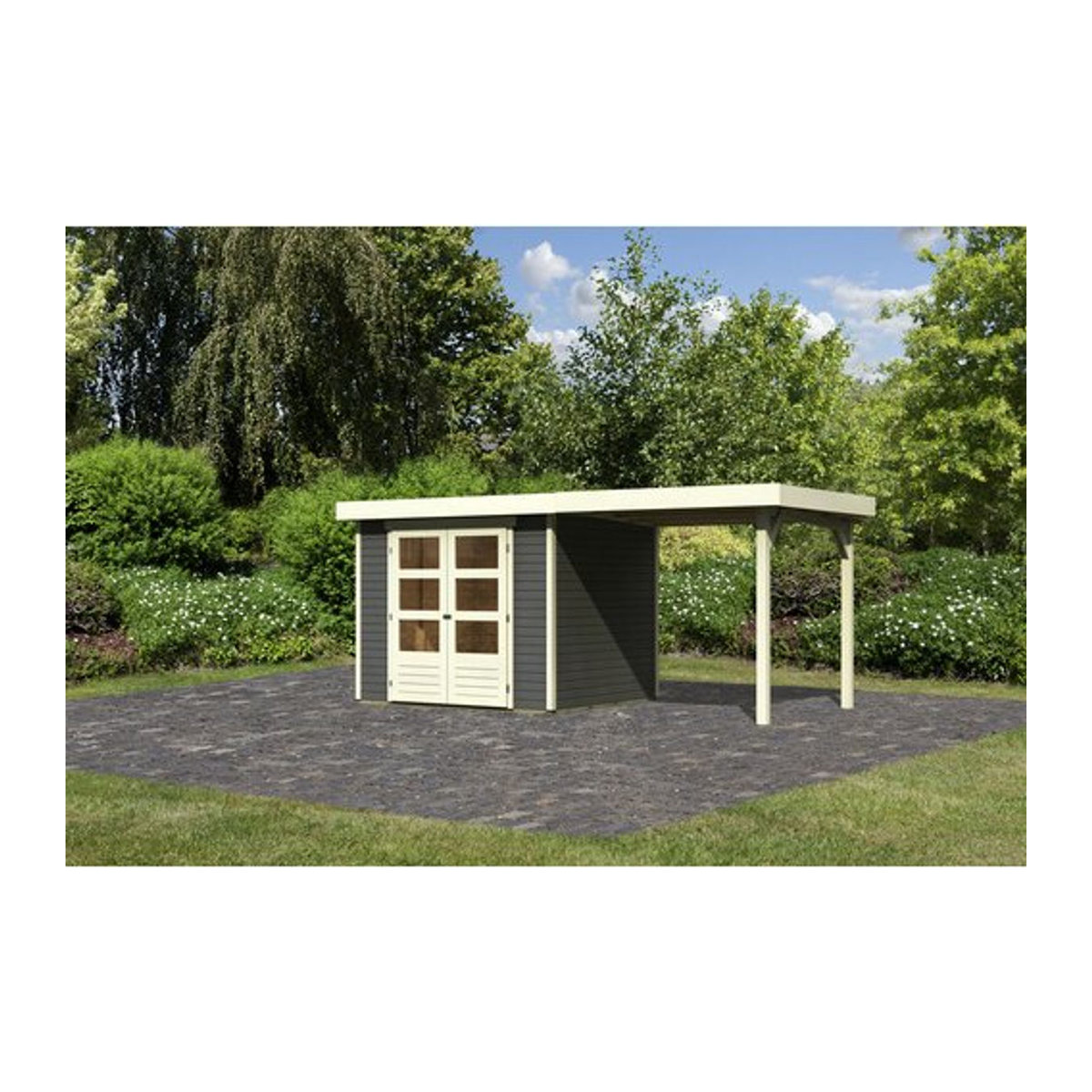 Karibu Gartenhaus ASKOLA 3 aus Holz in Grau mit Flachdach und Anbaudach, B/H/T: 462 x 211 x 217 cm - Bild 1