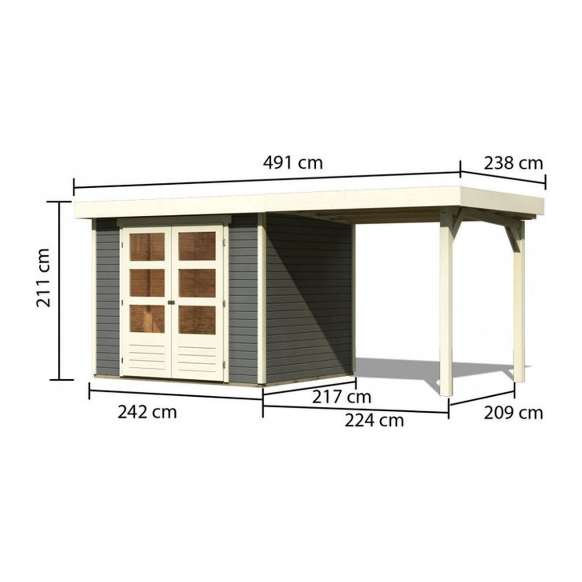 Karibu Gartenhaus ASKOLA 3 aus Holz in Grau mit Flachdach und Anbaudach, B/H/T: 462 x 211 x 217 cm - Bild 2