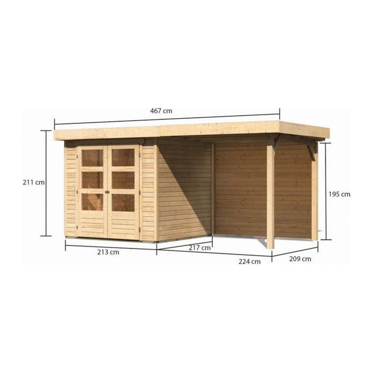 Karibu Gartenhaus Askola aus Fichtenholz in Natur mit Anbaudach und Rückwand B/H/T: 433 x 211 x 278 cm - Bild 3