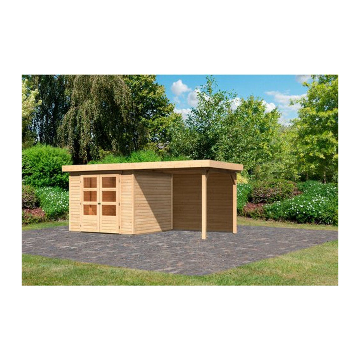 Karibu Gartenhaus Askola aus Massivholz in Natur mit Anbaudach und Rückwand B/H/T: 238 x 211 x 242 cm - Bild 1