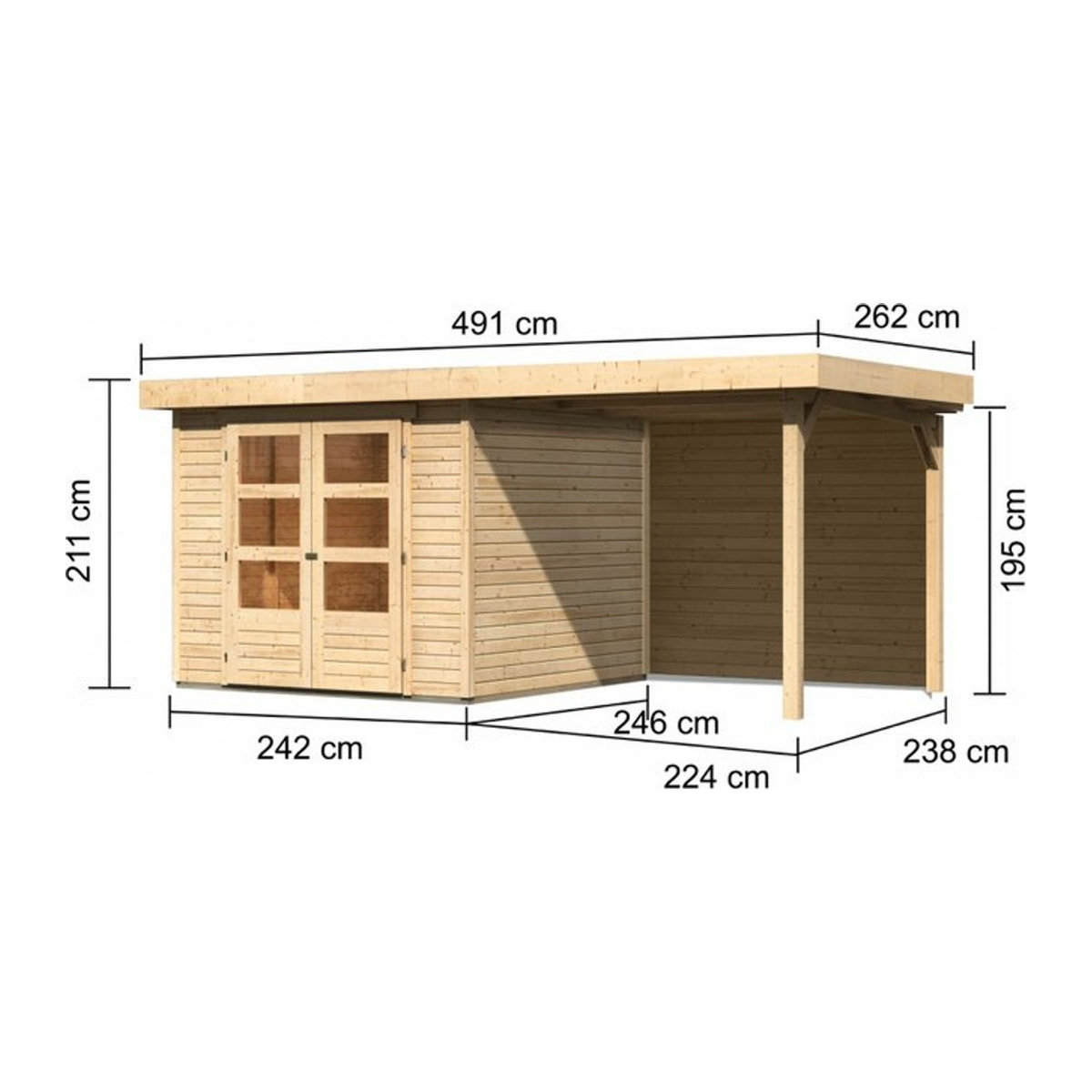 Karibu Gartenhaus Askola aus Massivholz in Natur mit Anbaudach und Rückwand B/H/T: 238 x 211 x 242 cm - Bild 3