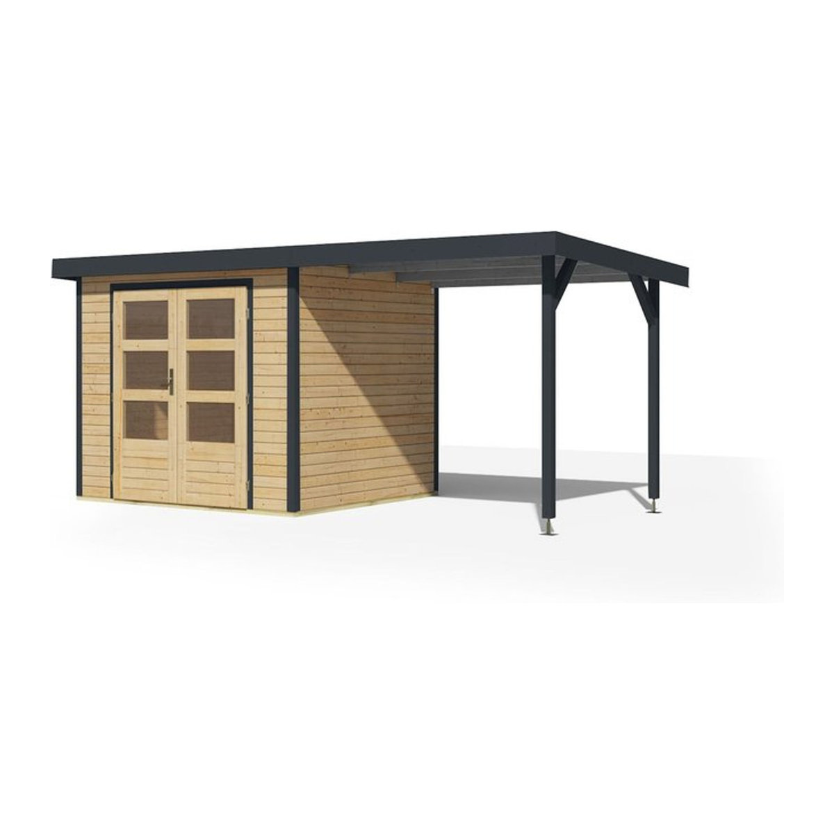 Karibu Gartenhaus Hollywood aus Holz in Natur mit optionalem Anbaudach - Bild 1