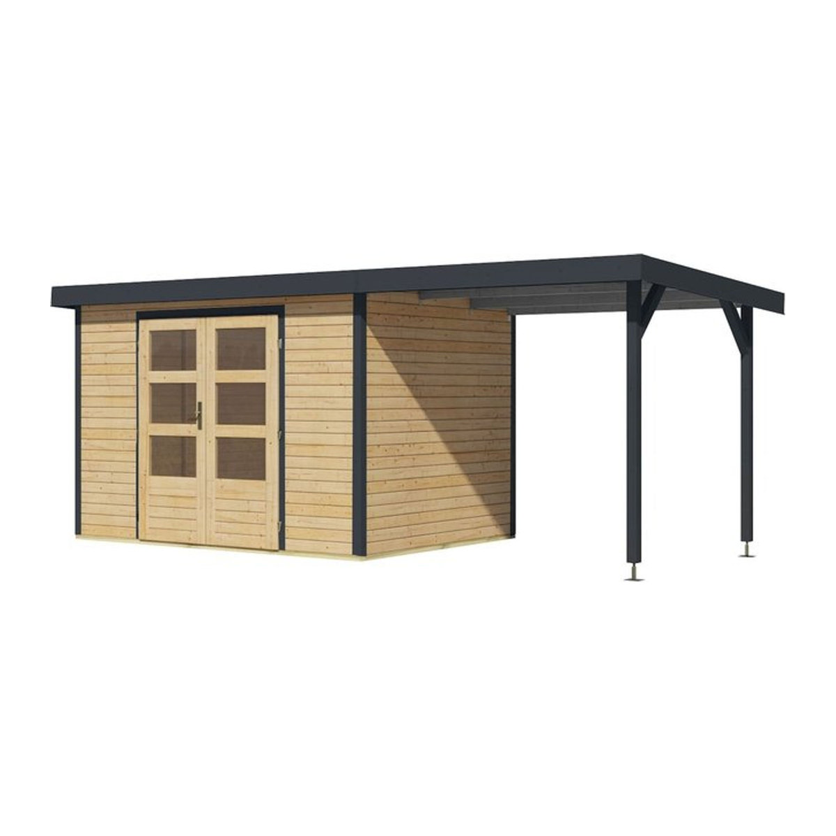 Karibu Gartenhaus Hollywood in Natur aus Holz mit modernem Anbaudach - Bild 1