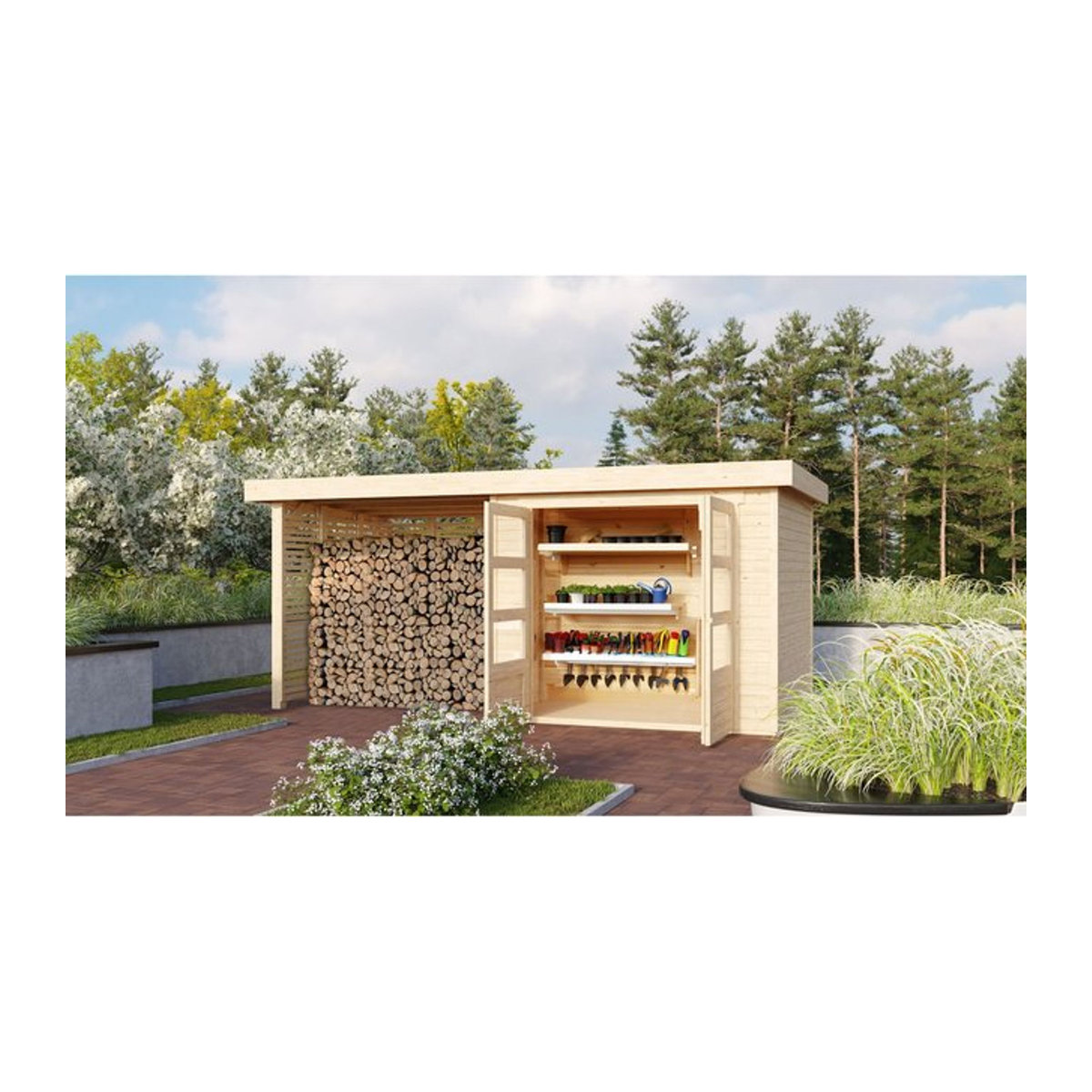 Karibu Gartenhaus im Landhausstil mit Feuerholzunterstand aus Holz in Natur inklusive Premium-Aluminiumfolie - Bild 1