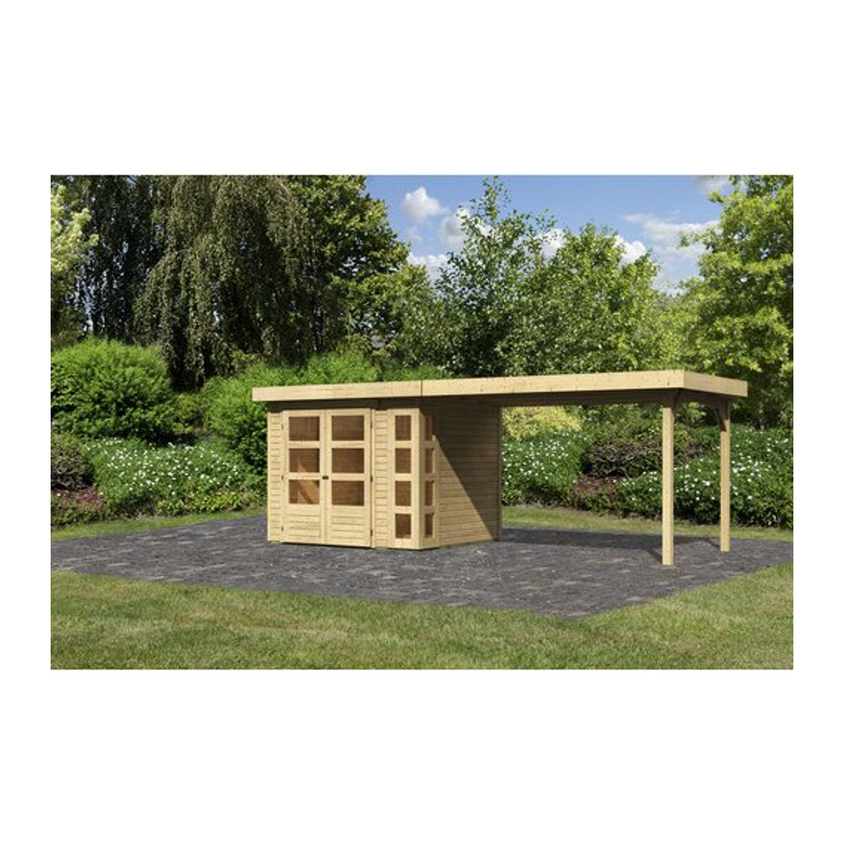 Karibu Gartenhaus Kerko 3 aus Holz in Beige mit Anbaudach B/H/T: 242 x 211 x 217 cm - Bild 1