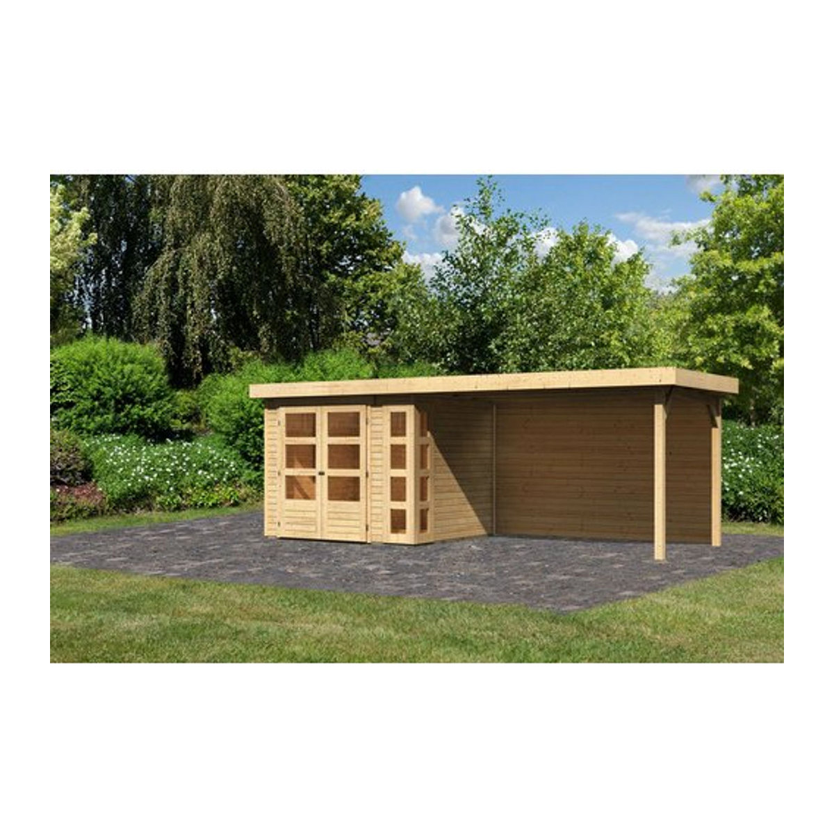 Karibu Gartenhaus Kerko 3 aus Holz in Beige mit Anbaudach und Rückwand B/H/T: 487 x 211 x 497 cm - Bild 1