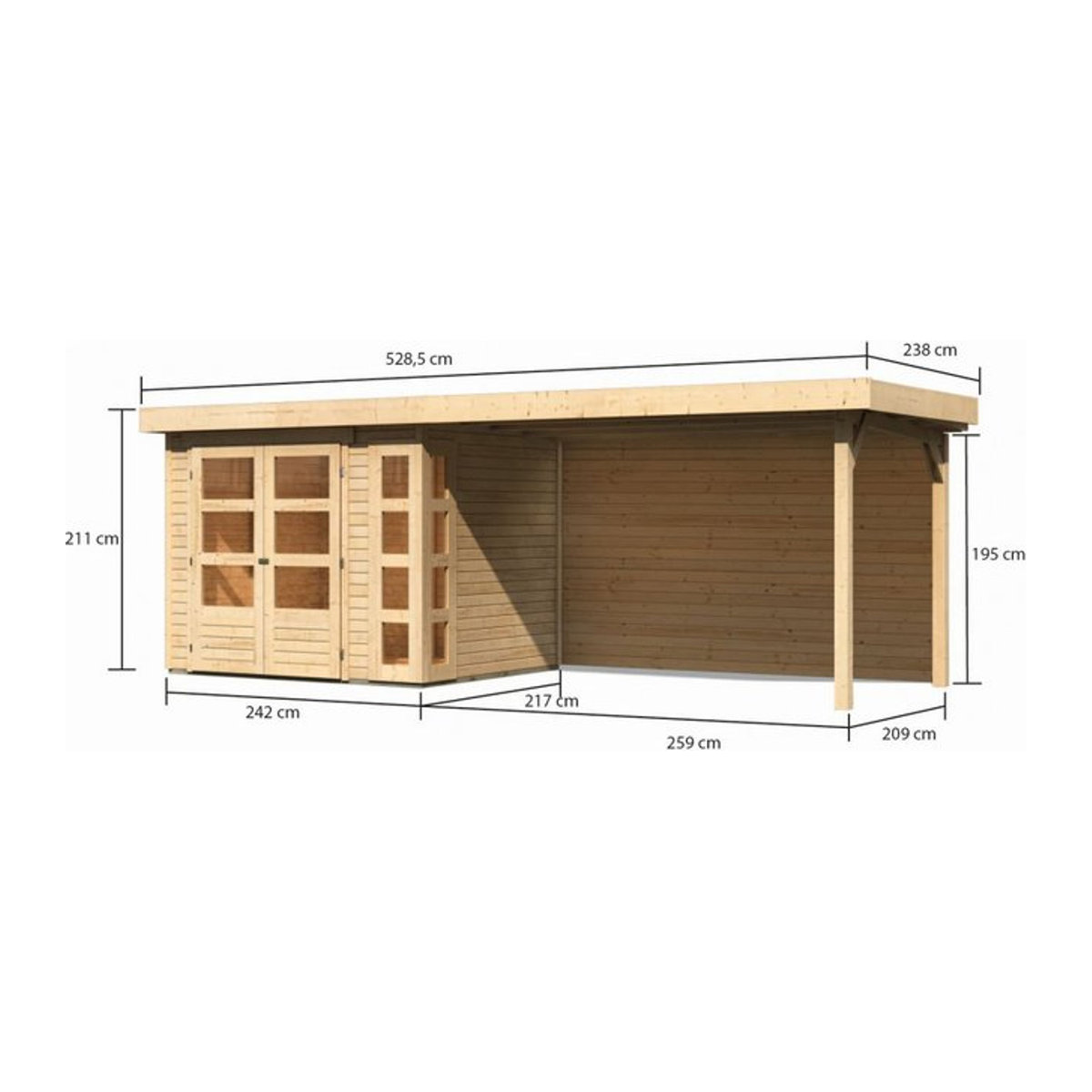 Karibu Gartenhaus Kerko 3 aus Holz in Beige mit Anbaudach und Rückwand B/H/T: 487 x 211 x 497 cm - Bild 3