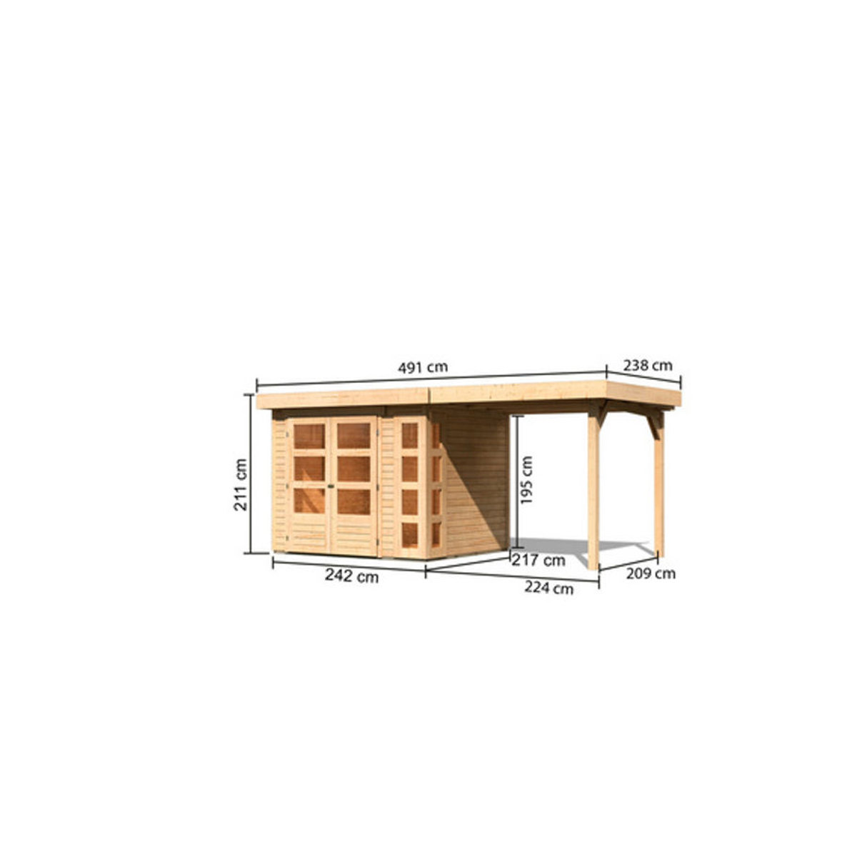 Karibu Gartenhaus Kerko 3 aus Holz in Natur mit Anbaudach B/H/T: 242 x 211 x 431 cm - Bild 1
