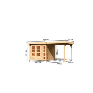 Karibu Gartenhaus Kerko 3 aus Holz in Natur mit Anbaudach B/H/T: 242 x 211 x 431 cm