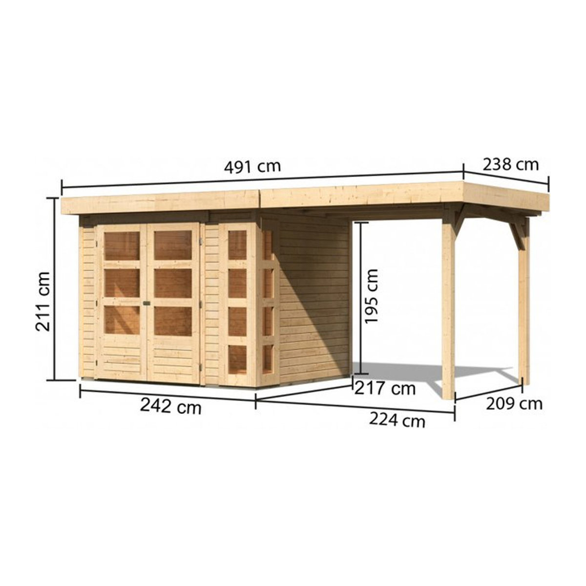 Karibu Gartenhaus Kerko 3 aus Holz in Natur mit Anbaudach B/H/T: 242 x 211 x 431 cm - Bild 2
