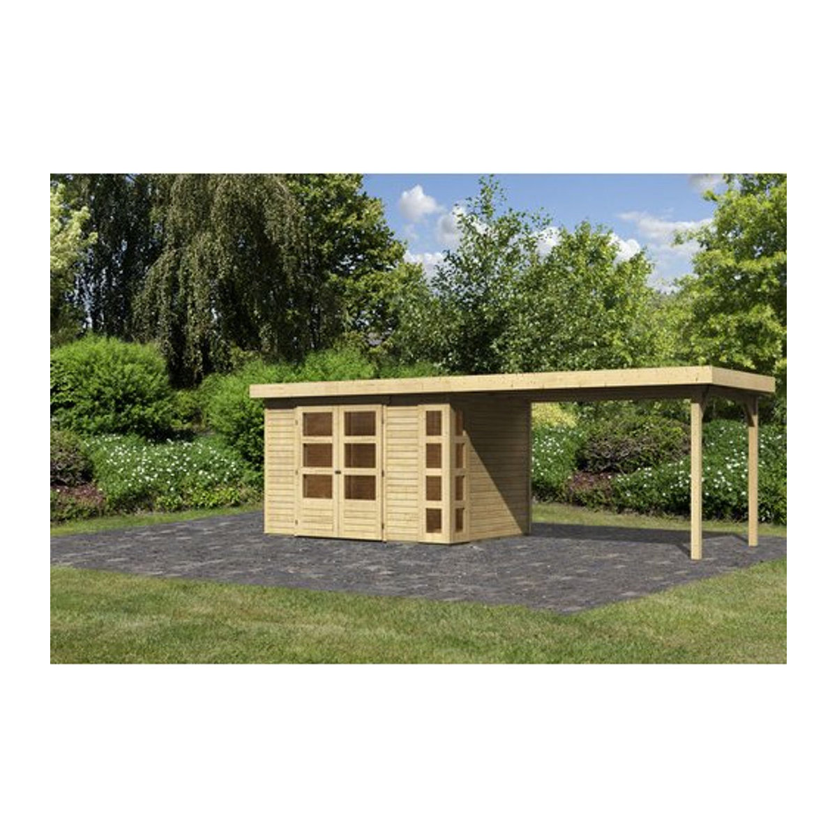 Karibu Gartenhaus Kerko 4 aus Holz in Beige mit Anbaudach B/H/T: 302 x 211 x 217 cm - Bild 1