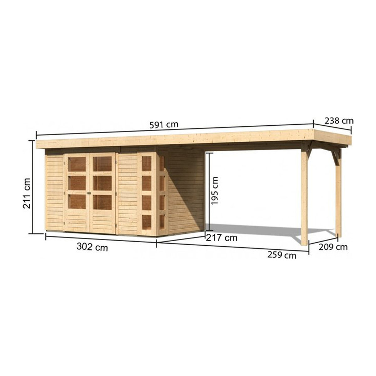 Karibu Gartenhaus Kerko 4 aus Holz in Beige mit Anbaudach B/H/T: 302 x 211 x 217 cm - Bild 2