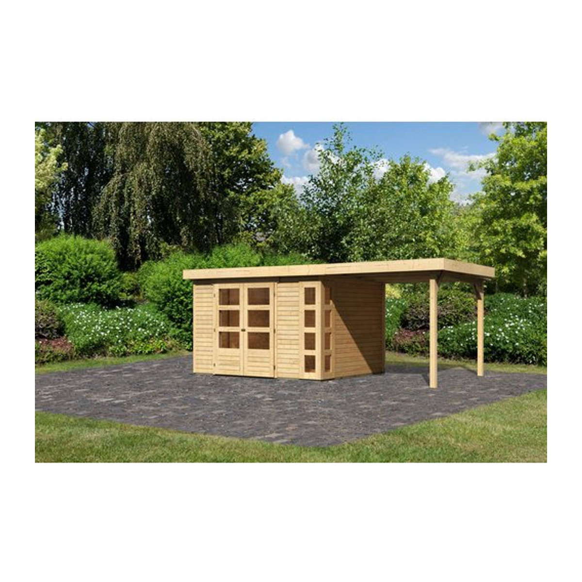 Karibu Gartenhaus Kerko 5 aus Holz in Beige mit Anbaudach B/H/T: 302 x 210 x 246 cm - Bild 1