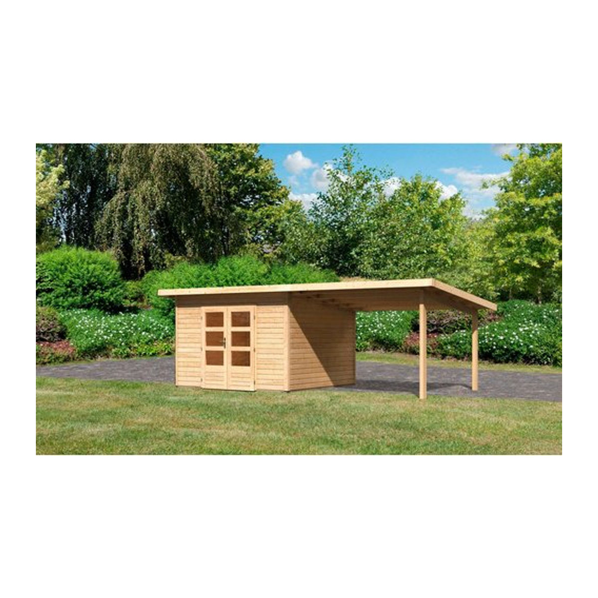 Karibu Gartenhaus Northeim 3 aus Massivholz Kiefer in Natur und Grau mit Anbaudach B/H/T: 604 x 229,5 x 309 cm - Bild 1