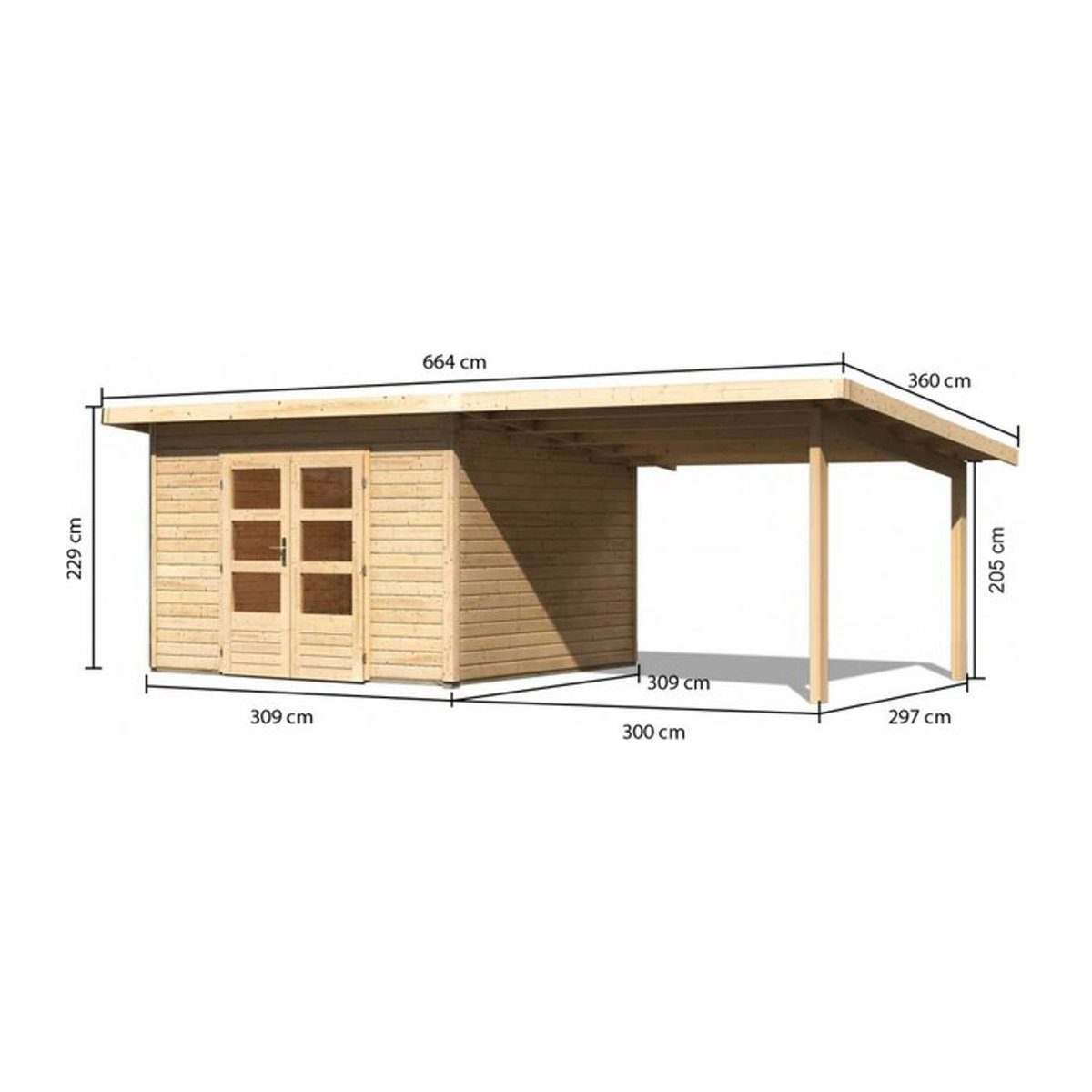 Karibu Gartenhaus Northeim 3 aus Massivholz Kiefer in Natur und Grau mit Anbaudach B/H/T: 604 x 229,5 x 309 cm - Bild 3