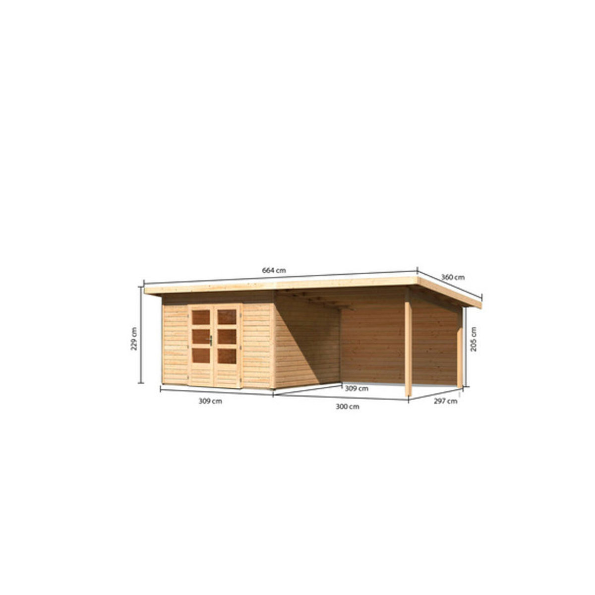 Karibu Gartenhaus Northeim aus Massivholz Kiefer in Natur mit Anbaudach und Rückwand, B/H/T: 604 x 229,5 x 309 cm - Bild 1