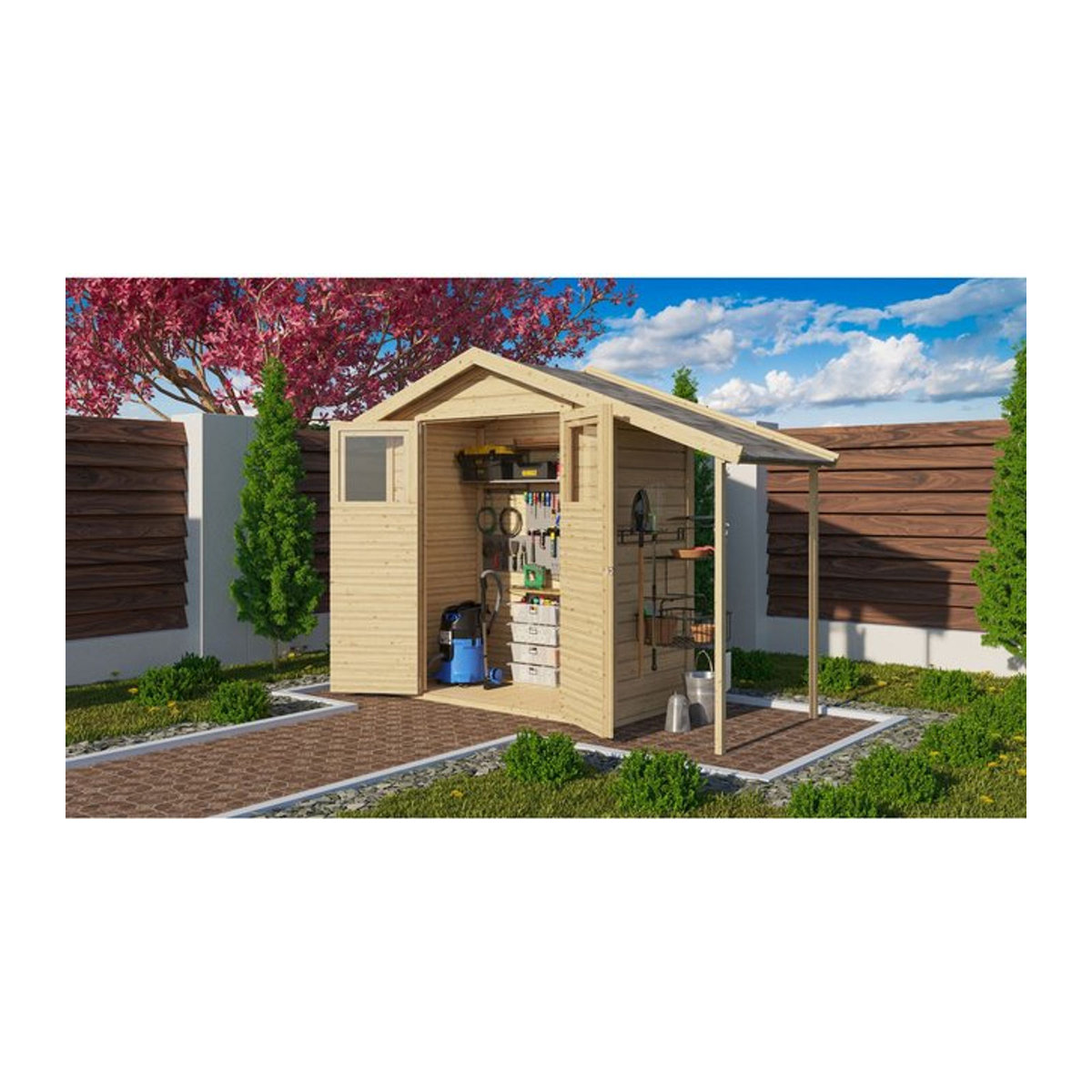 Karibu Housten Gartenhaus mit Anbaudach aus Fichte in Natur Skandinavisch Design mit 14 mm Wandstärke - Bild 1