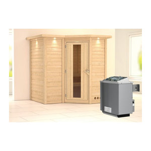 Karibu Massivholzsauna SAHIB 1 aus Kiefer mit 9.0 kW Ofen, integrierter Steuerung, Dachkranz und Energiespartür in Natur
