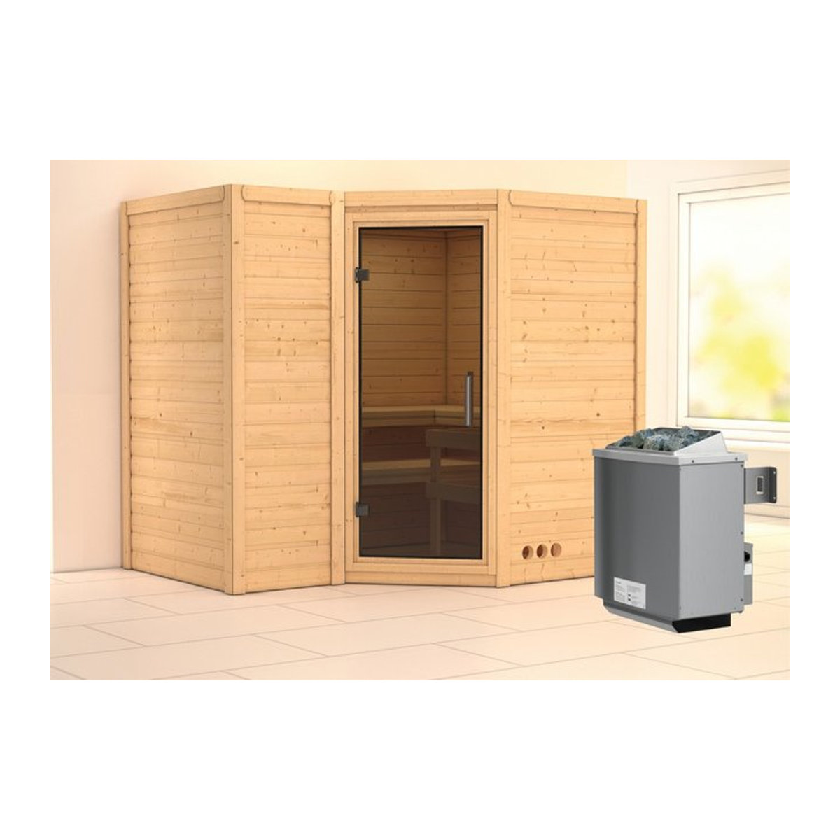 Karibu Massivholzsauna SAHIB 2 in Anthrazit und Natur mit 9.0 kW Ofen, integrierter Steuerung und Ganzglastür, B/T/H: 236 x 184 x 212 cm - Bild 1